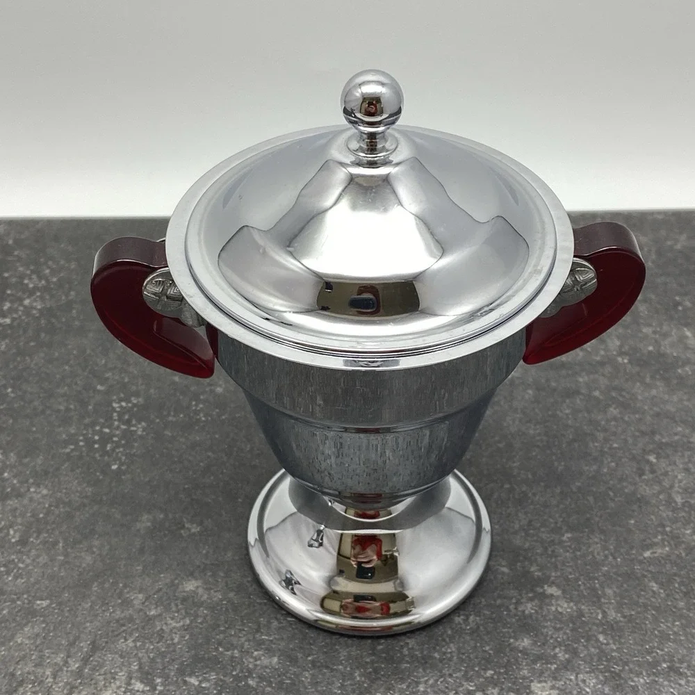 As‎ Is Vintage Art Deco Chrome Creamer & Sugar Cherry Red Bakelite Handles